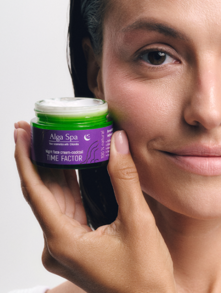 Night face cream-coctail TIME FACTOR Ночной крем-коктейль для лица лифтинг эффект на основе суспензии живой микроводоросли Chlorella 50 ml  Alga Spa